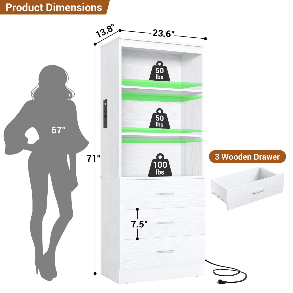 Aheaplus 23.6" Closet Drawers System, Wood Closet Organizer System with 3 Drawers, Modular Walk-in Closet Storage Unit, White (23.6" L x 13.8" W x 71" H) Aheaplus