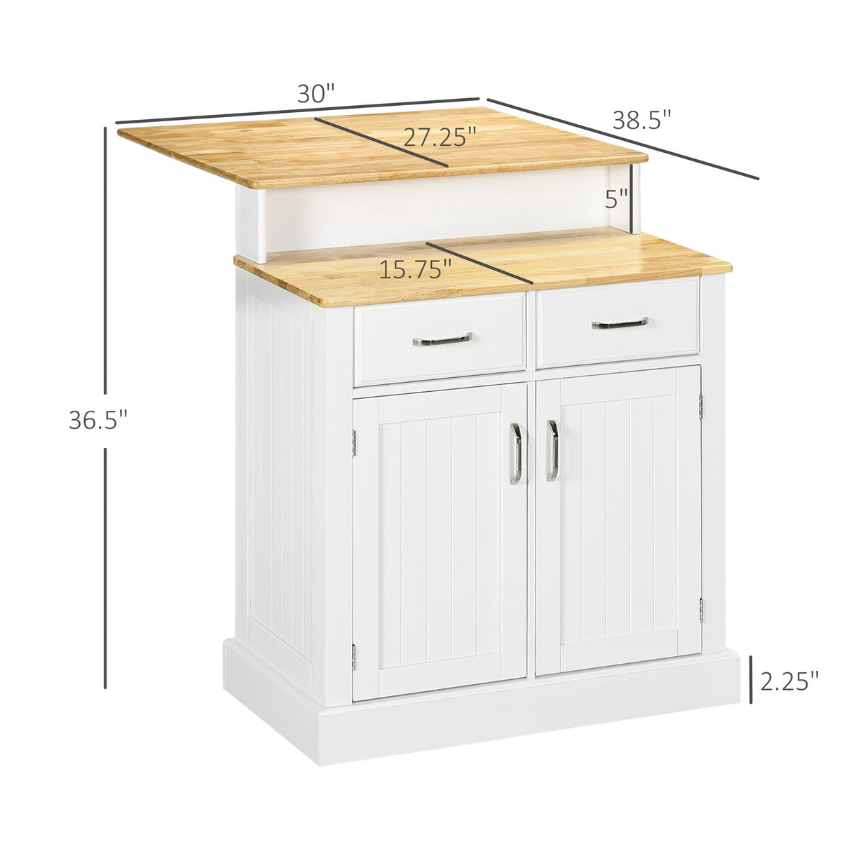 HOMCOM Kitchen Island with Storage Cabinet and 2-Level Rubber Wood Tabletop, Island Table with Adjustable Shelves and Drawers, White HOMCOM