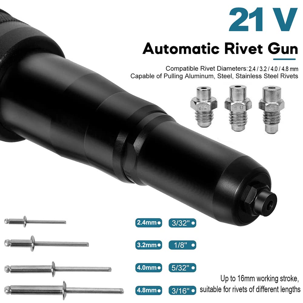 Cordless Rivet Gun,Automatic Brushless Riveter Tool Kit for Rivets 2.4/3.2/4.0/4.8 mm,Portable 21V Lithium-ion Electric with 2 3.0Ah Battery for Stainless Steel, Aluminum Rivets (2 Batteries) iMeshbean