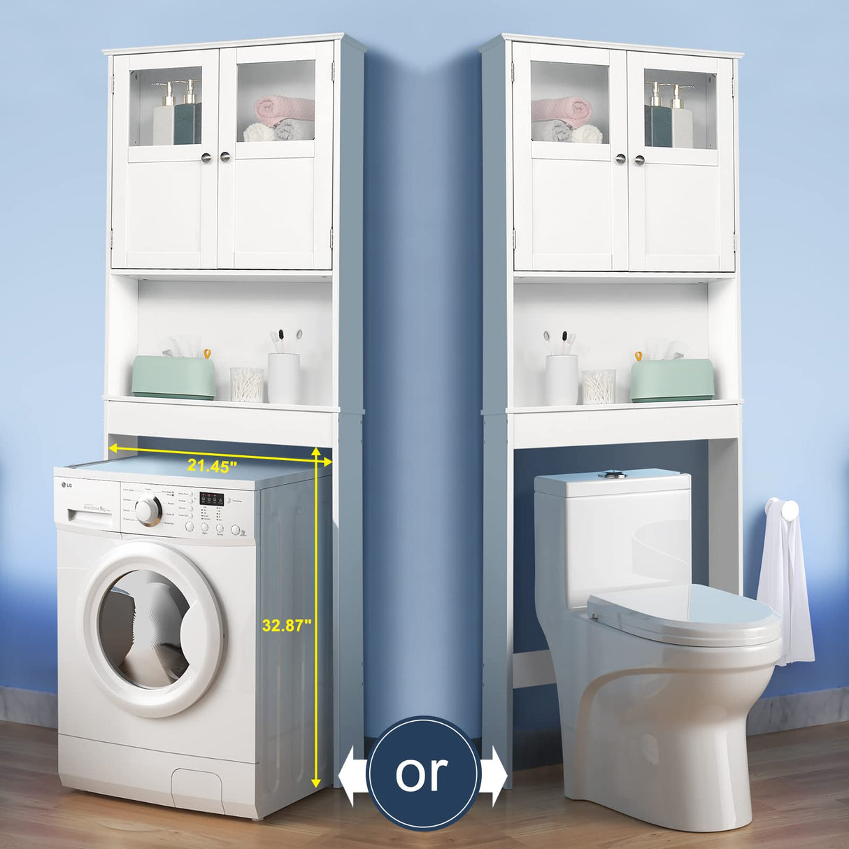 Bonnlo Over The Toilet Storage Cabinet with Adjustable Shelf White Bathroom Floor Organizer Space Saver with Double Doors, 67" Height Bonnlo