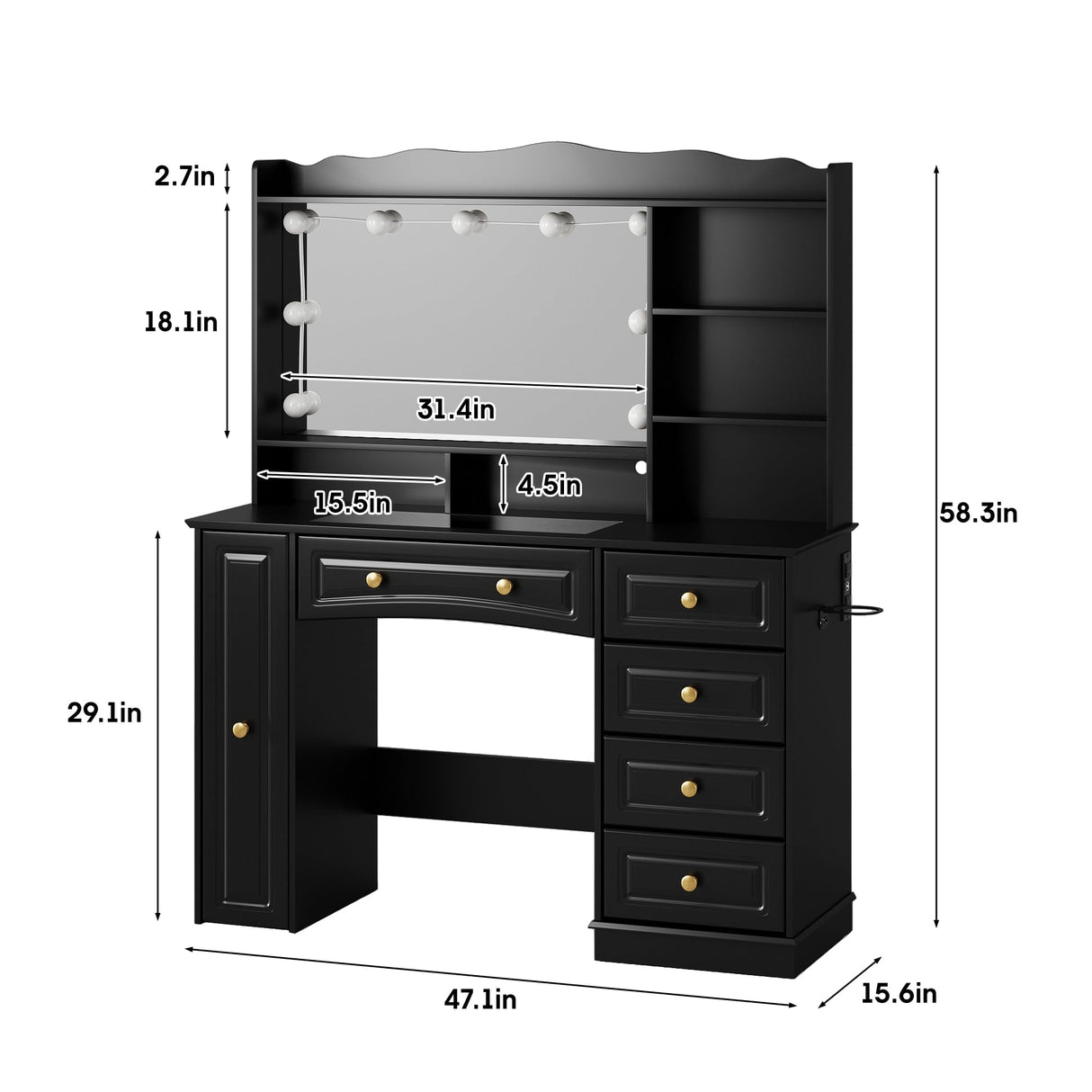 Maupvit Makeup Vanity with Mirror and Lights,Black Vanity Desk with Drawers and Shelves,Large Makeup Table with Glass Top,Bedroom Dressing Table,47.1in Maupvit