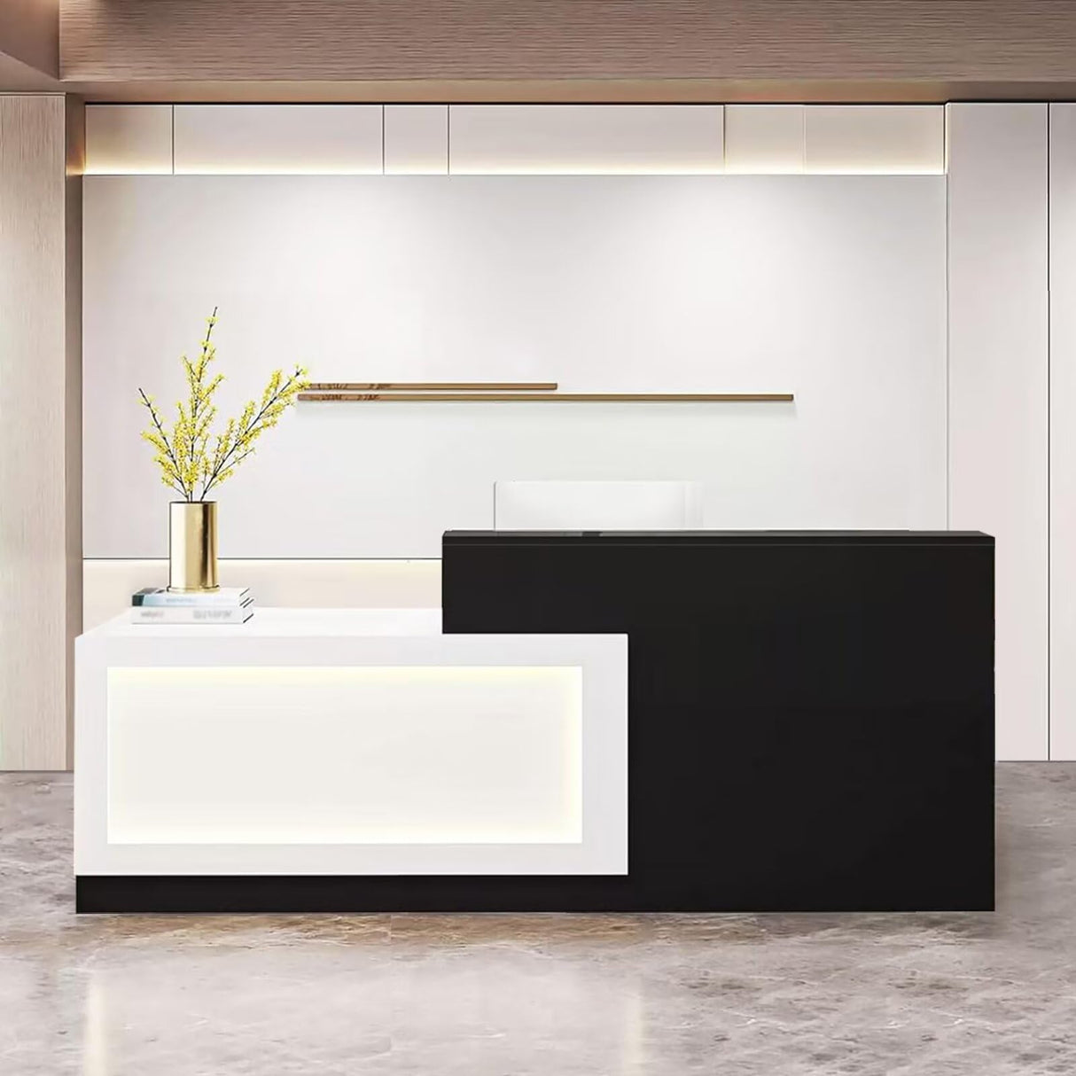 Modern Reception Desk with LED Lights Office Front Counter Desk Receptionist Table Retail Checkout Counter for Shop Beauty Salon Lobby White and Black Left High 63inch/ 160cm Thcbme