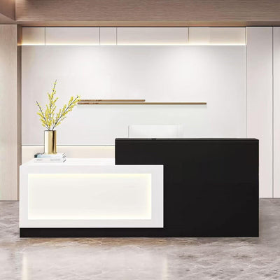 Modern Reception Desk with LED Lights Office Front Counter Desk Receptionist Table Retail Checkout Counter for Shop Beauty Salon Lobby White and Black Left High 63inch/ 160cm
