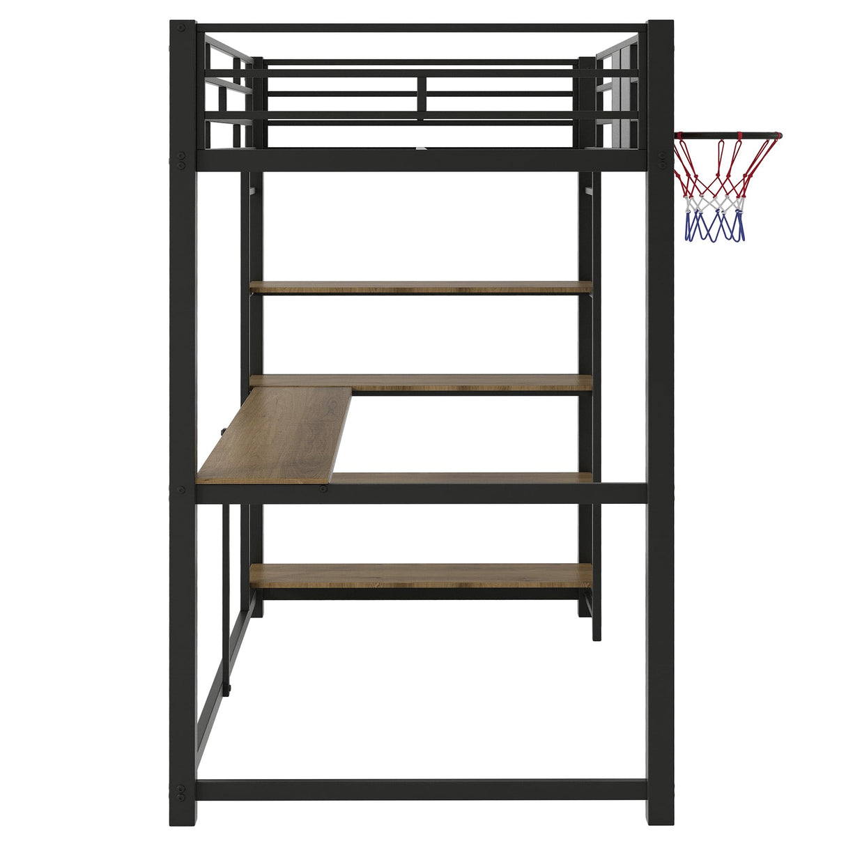 Twin Size Loft Bed with Desk and Storage Shelves,Metal Loft Bed with Basketball Hoop,Heavy Duty Loft Bed Frame for Kids,Teens,Adults,High Loft Bed Frame Twin Size, Space Saving, Black Bellemave