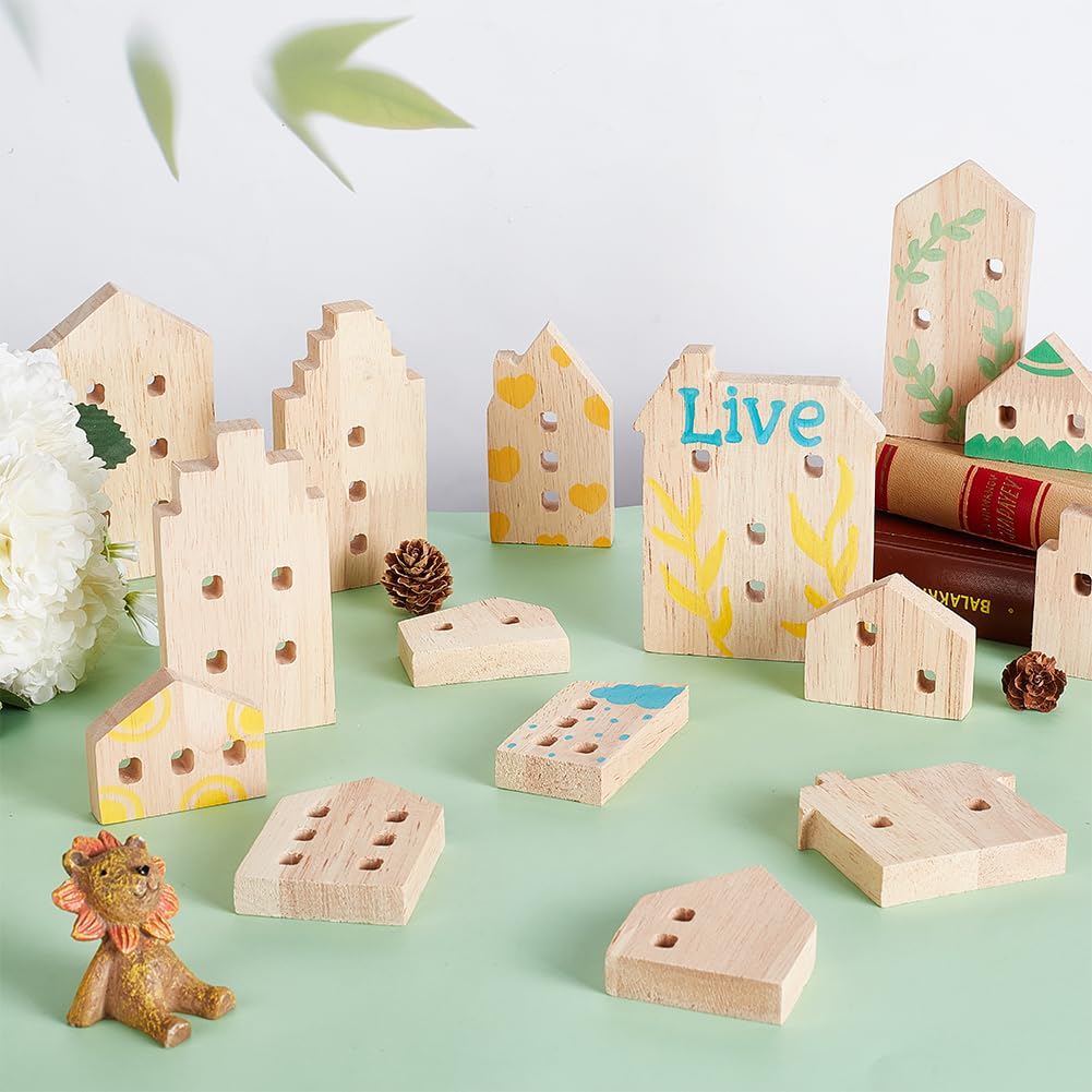 OLYCRAFT 15Pcs Unfinished Wooden House Shaped Blocks House Blank Wood Cutouts Wood Blocks with Hole Wooden Display Decoration Pieces for Home Kitchen Office Shelf Coffee Bar Decor -15 Styles OLYCRAFT