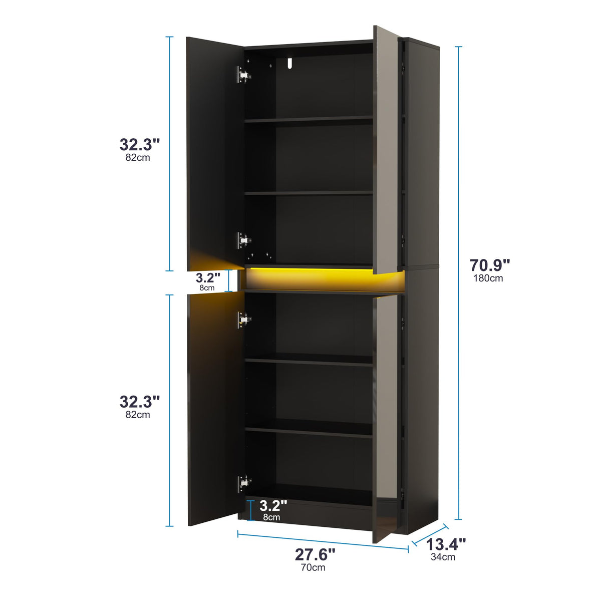 Furnify 71" Tall Pantry Storage Cabinet, Kitchen Pantry with High Gloss Doors, Modern Buffet Hutch Cabinet with Led Light and Adjustable Shelves for Dining Room, Living Room, Black Furnify