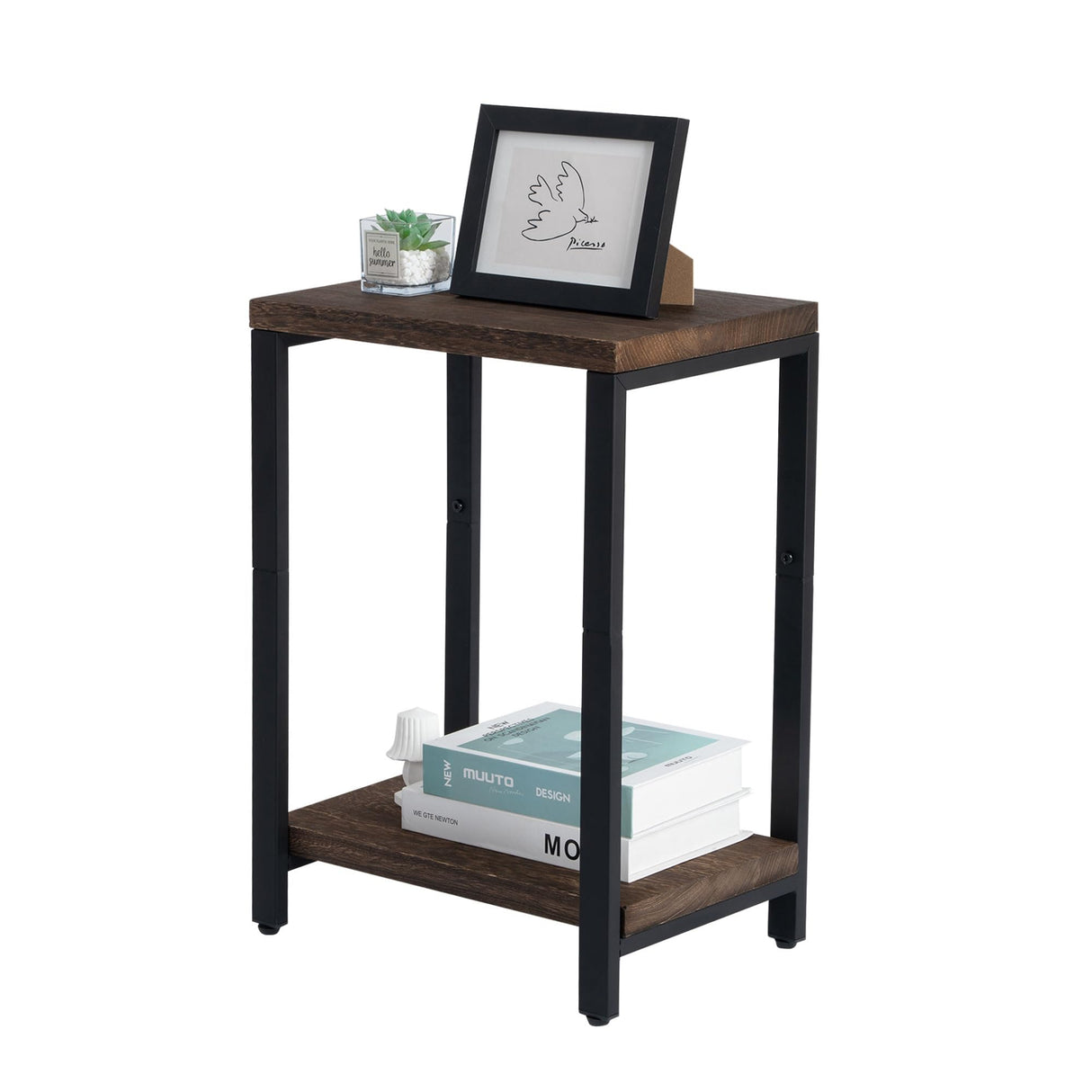 Acovy Real Solid Wood End Tables, Side Tables, Small Table with 2-Tier Storage Shelf, Nightstand for Living Room, Bedroom, Office, Bathroom, Rustic Acovy