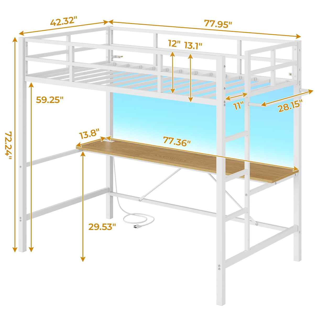 DICTAC Twin Loft Bed with Desk and Charging Station Twin Size Metal Bed Frame with LED Lights Metal Platform Bed,Top Bunk with Safety Guardrail and Stair, Space-Saving,No Box Spring Needed, White DICTAC
