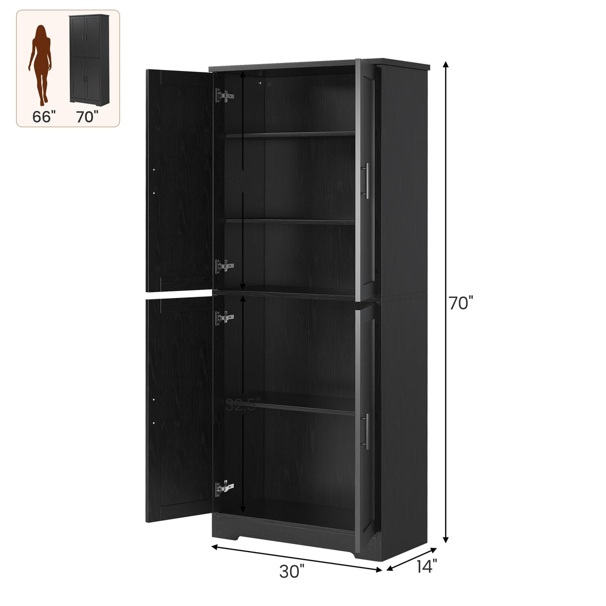 GarveeHome 70 in Tall Kitchen Pantry Cabinet, Freestanding Storage Cabinet with 4 Doors and Adjustable Shelves, Large Utility Hutch Cupboard for Dining Room, Bathroom, Living Room (Black) GarveeHome