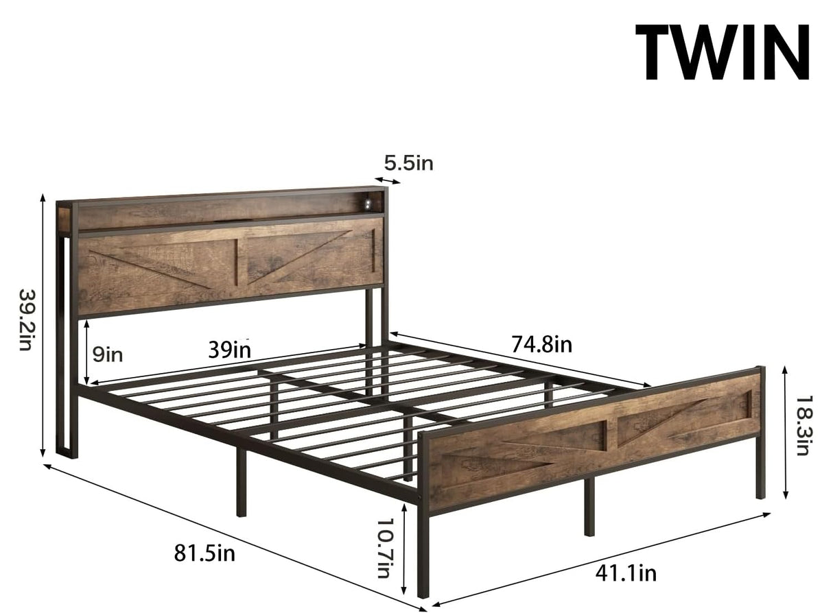 Halitaa LED Twin Size Bed Frame with Charging Station, Platform Metal Bed Frame with Headboard Storage & USB Ports Outlets, Farmhouse Bed Frame with Lights for Bedroom, Noise Free, Brown (Twin) Halitaa