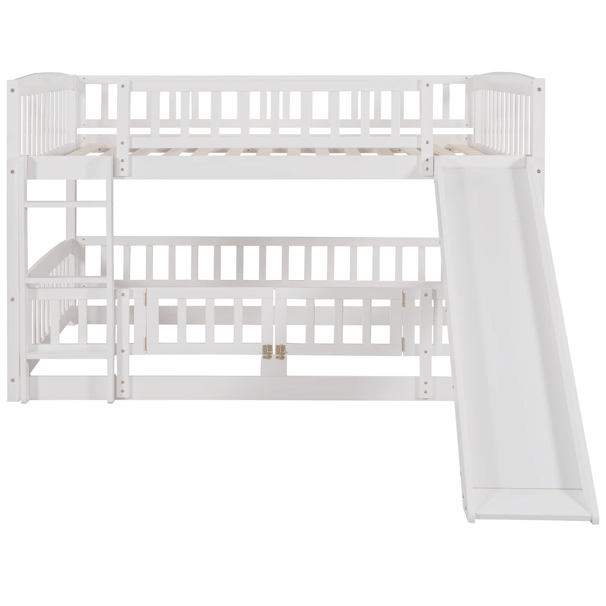 Full Over Full Bunk Bed with Slide for Kids, Low Bunk Bed with Fence and Ladder, Solid Pine Wood Structure for Teens Bedroom, White Merax