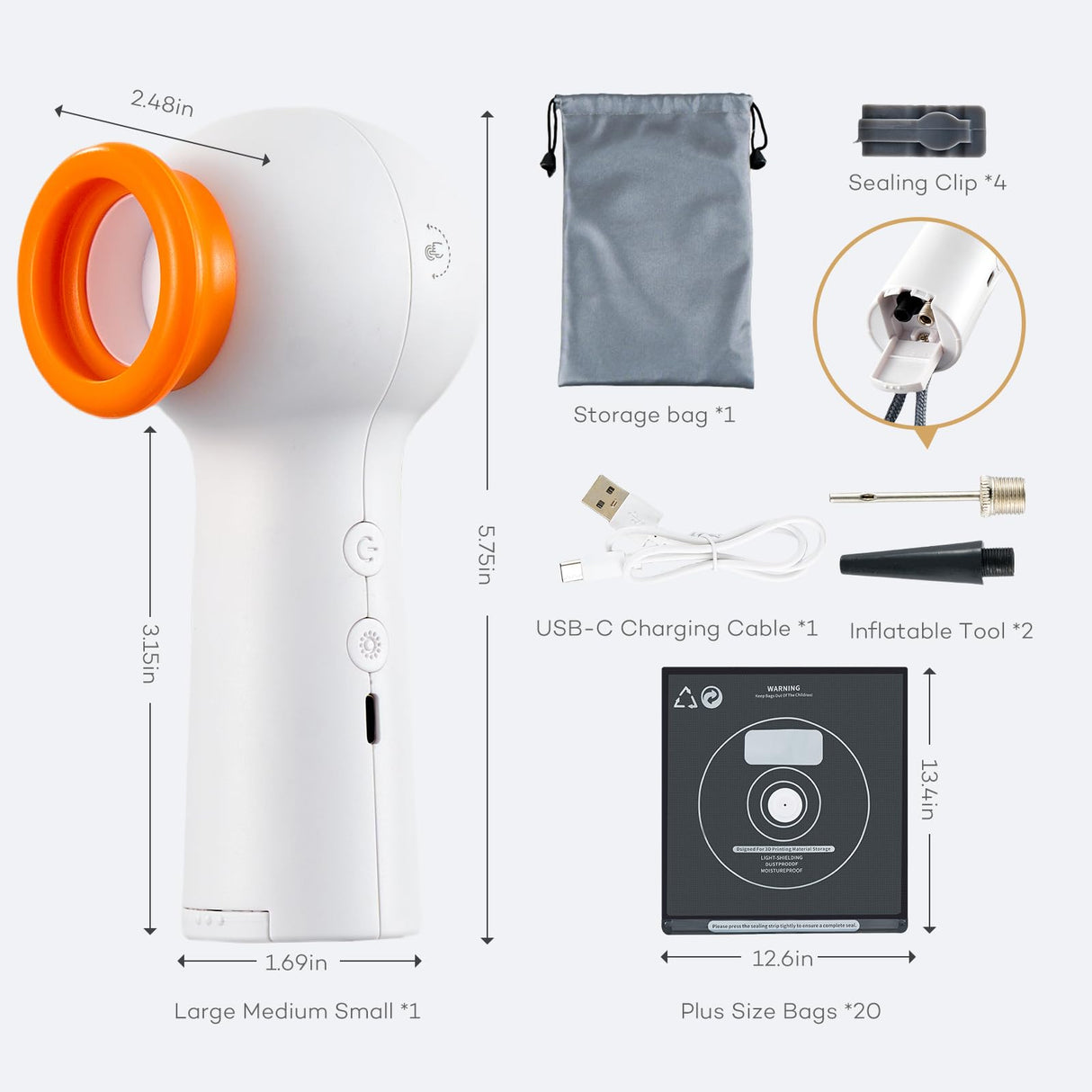 Filament Storage Bags Kit with Electric Vacuum Pump - Rechargeable, 20 Pcs Light-Proof Vacuum Sealed Bags for 3D Filament with 4 Clips, Spool Sealing for Keeping Filament Dry and Clean (13.4*12.6in) AJKJ