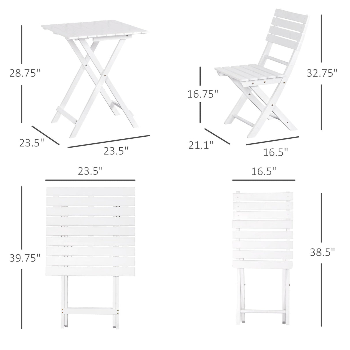 Outsunny 3 Piece Bistro Set, Wood Folding Outdoor Furniture with Table & Chairs for Backyard & Balcony, Square, White Outsunny