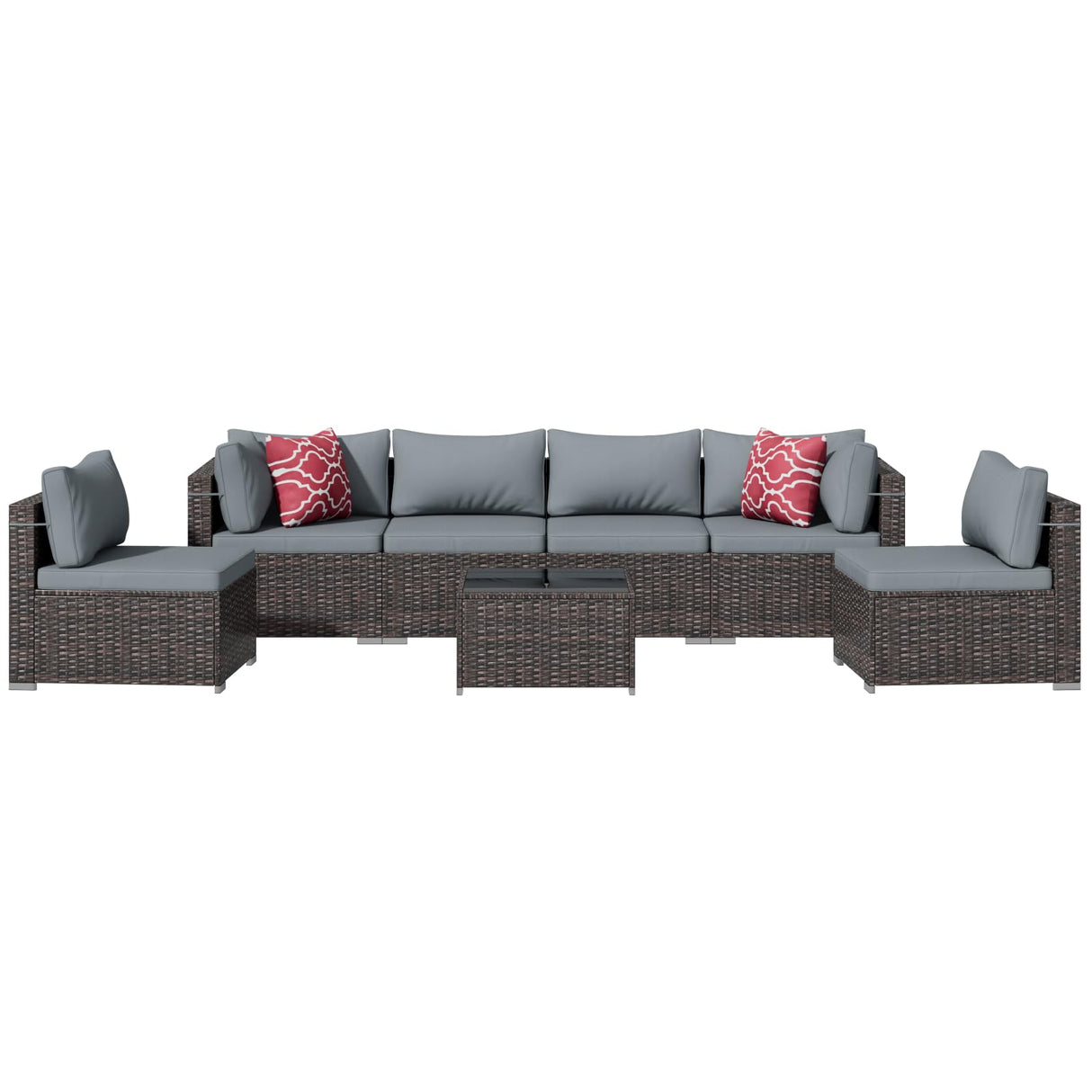 Tradare 7 Pieces Outdoor Patio Furniture Set, Wicker Patio Conversation Sectional Couch Set, All Weather PE Rattan Sofa with Glass Table and Grey Cushions Tradare