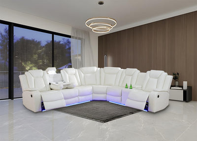 Anthato Power Recliner Sectional Sofa Set with LED, Modern L-Shaped Reclining Sofa, Leather Reclining Corner Couch with Cup Holders/Storage/USB Charging Ports for Living Room/Home Theater, Cream White
