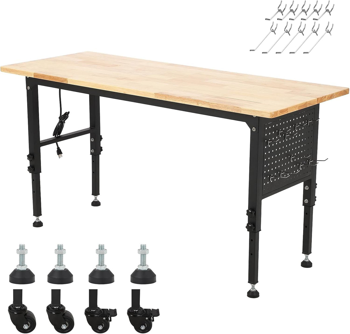 48" Heavy-Duty Height Adjustable Workbench, 2000 Lbs Capacity Hardwood Worktable Work Bench with Power Outlets, Brake Wheels for Garage Workshop Office Home Woodworking Shop Doppeltcharms