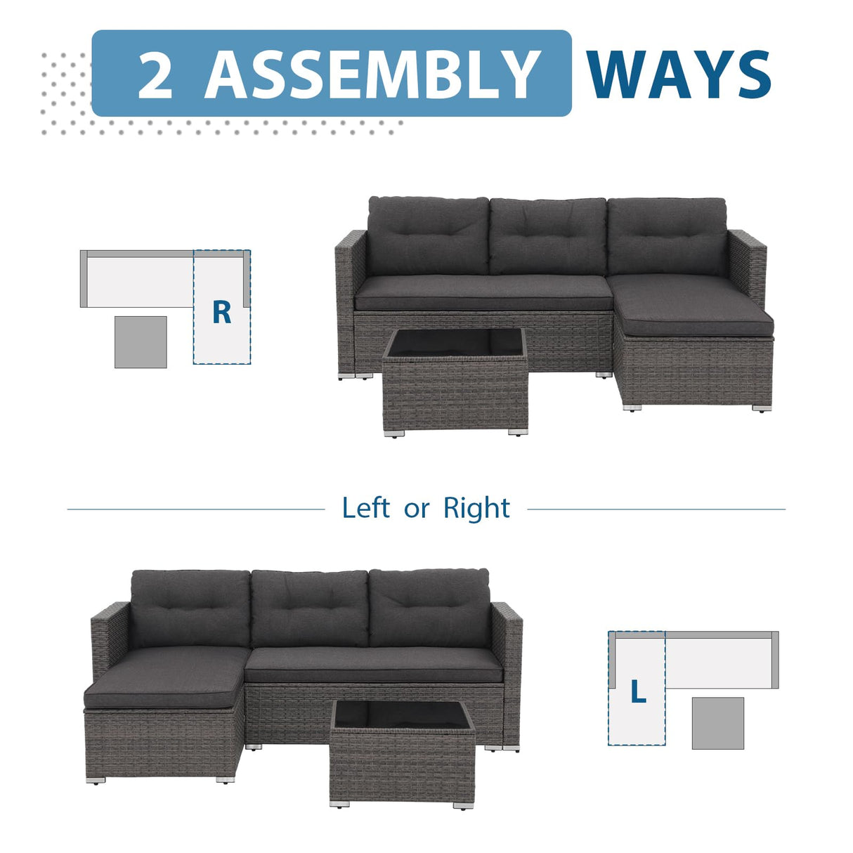 JOIVI Outdoor Patio Furniture Sets, 3-Piece All Weather Wicker Outdoor Conversation Set, Rattan Sectional Sofa Set, Patio Couch with Tempered Glass Table for Porch, Garden, Dark Gray JOIVI