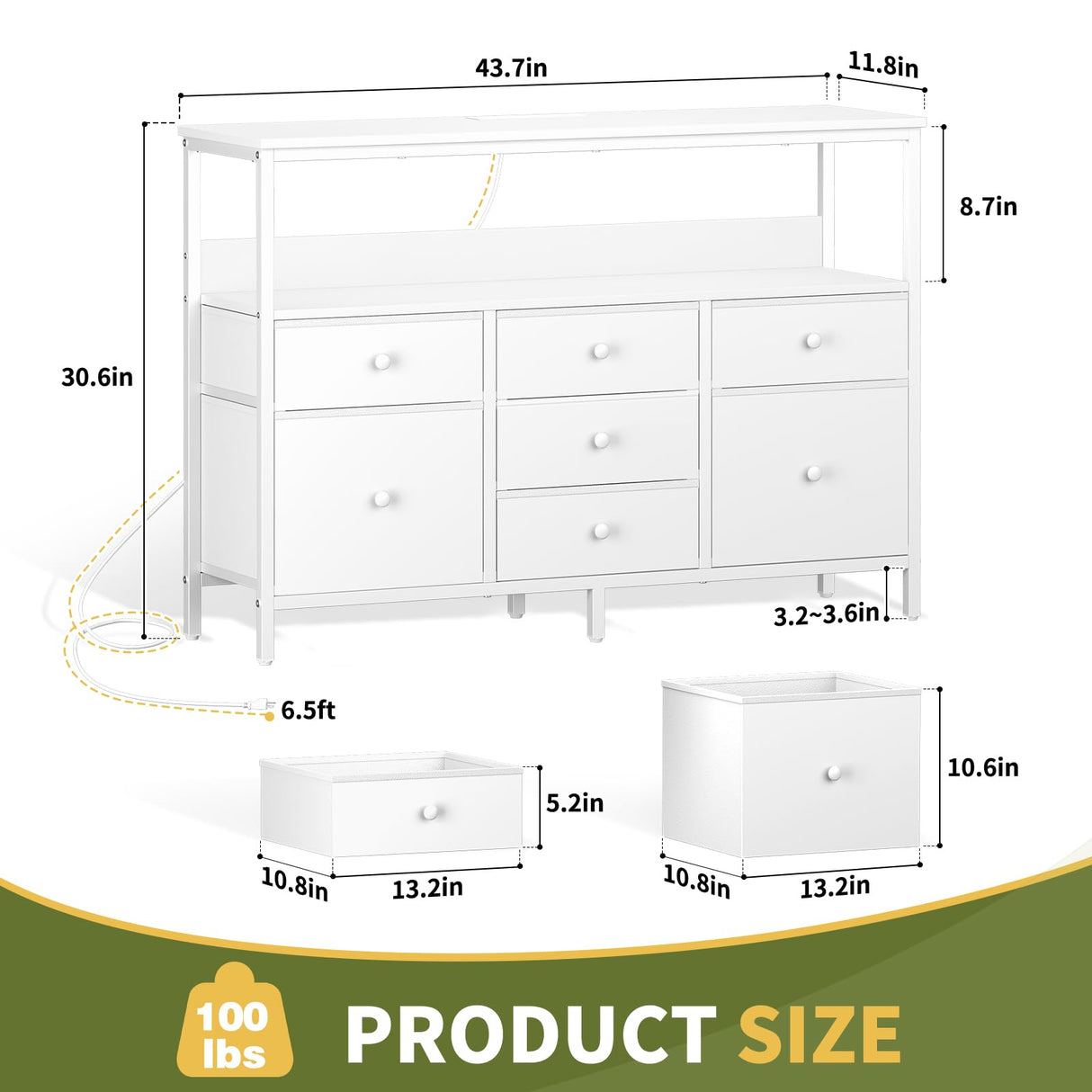 Yoobure LED TV Stand for Bedroom, 50 Inch Kids Dresser with Power Outlets, 7 Drawers Entertainment Center with Storage Shelf, TV Stands Dresser for Bedroom, Living Room, TV Console Entertainment Stand Yoobure