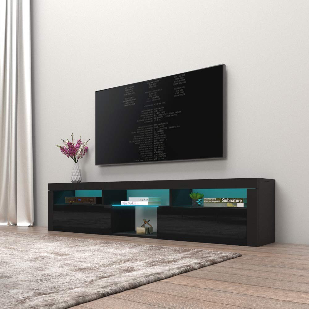 Meble Furniture Bari 200 TV Stand - Wall-Mounted Entertainment Center Console for Bedroom & Living Room TV Stand Upto 90" - Modern TV Floating Entertainment Center with Storage & LED Lights - Black MEBLE FURNITURE & RUGS