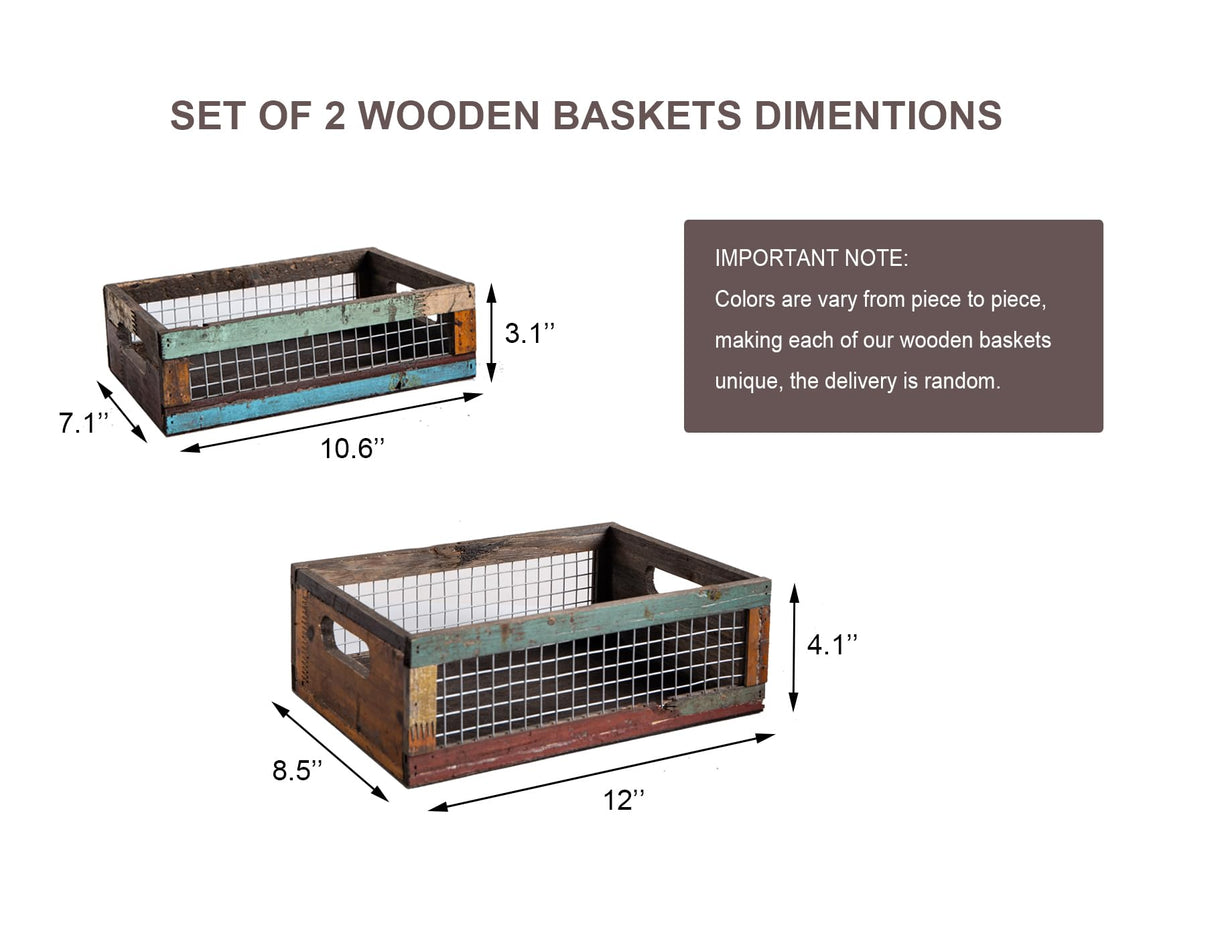 TIMRIS Set of 2 Rustic Wooden Countertop Baskets, Farmhouse Distressed Nesting Boxes, Small Decorative Wooden Storage Crates, Reclaimed Wood Organizer Baskets with Wire Mesh (Random) TIMRIS