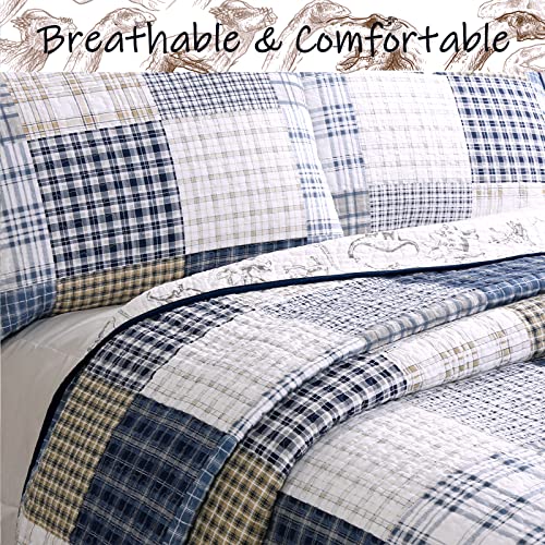 Cozy Line Home Fashions Benjamin Cute Dinosaur Plaid Navy Blue White Grey Bedding Quilt Set 100% Cotton Reversible Coverlet Bedspread Set for Kids Boy(Twin - 2 Piece) Cozy Line Home Fashions