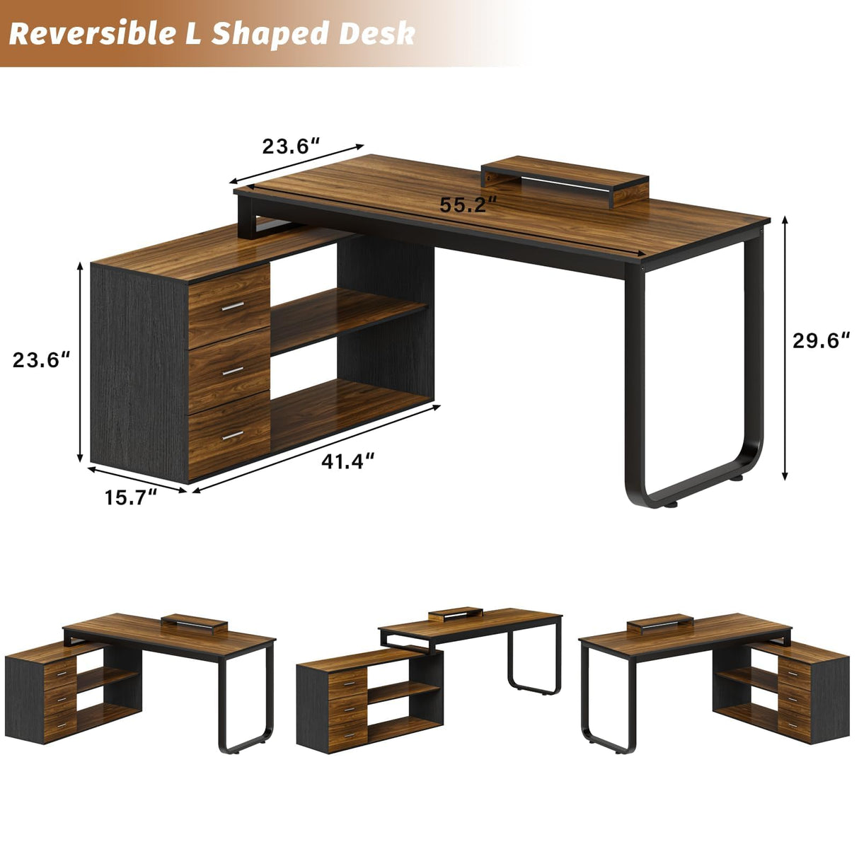 HOMBCK Home Office Computer Desk with 3 Drawers and Shelves, 55 Inch L Shaped Desk with Adjustable Shelves, Craft Table with Storage, Reversible L Shaped Desk, Modern Office Desk, Black Walnut HOMBCK