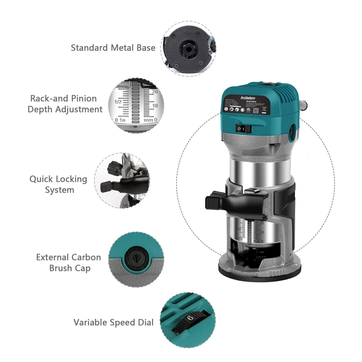 Avtbeisty 6.5-Amp Wood Router Tool, 1.25 HP Compact Trim Router with 6 Variable Speed, Fixed Base, 12 Wood Router Bits, 1/4" & 3/8" Collets, Edge Guide, Roller Guide, and Dust Hood Avtbeisty