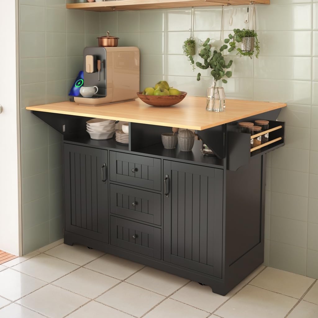 eodme Kitchen Island with 2 Drop Leaf, Home Cart Island on Wheels Foldable Dining Table with Power Outlets,3 Drawers,Storage Cabinet, Tower Rack(Black) eodme
