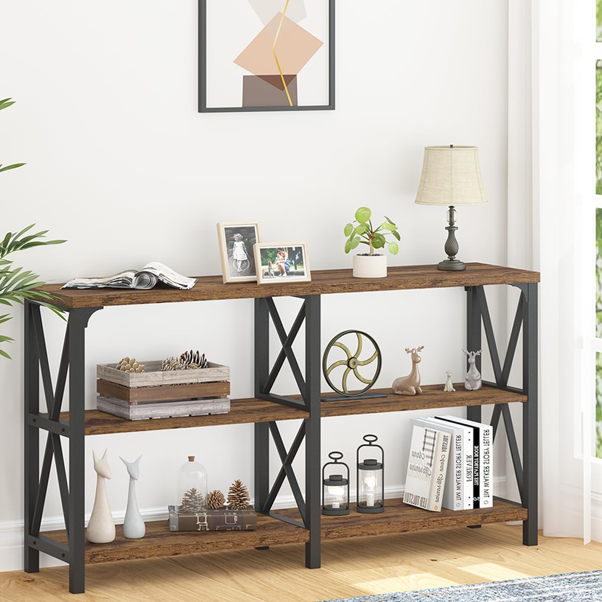 LVB Rustic Console Table, Industrial Wood Metal Sofa Table Behind Couch, Farmhouse Long Entryway Table with Storage Shelf, Large Wooden Foyer Hallway LVB