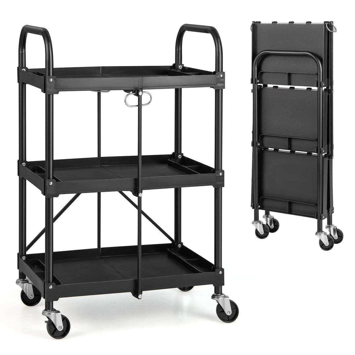 Nightcore Folding Utility Cart, 3-Tier Food Service Cart w/Lockable Wheels, 330LBS Capacity, Heavy-Duty Metal Frame Collapsible Utility Cart, Rolling Tool Cart for Home Garage WoodArtSupply