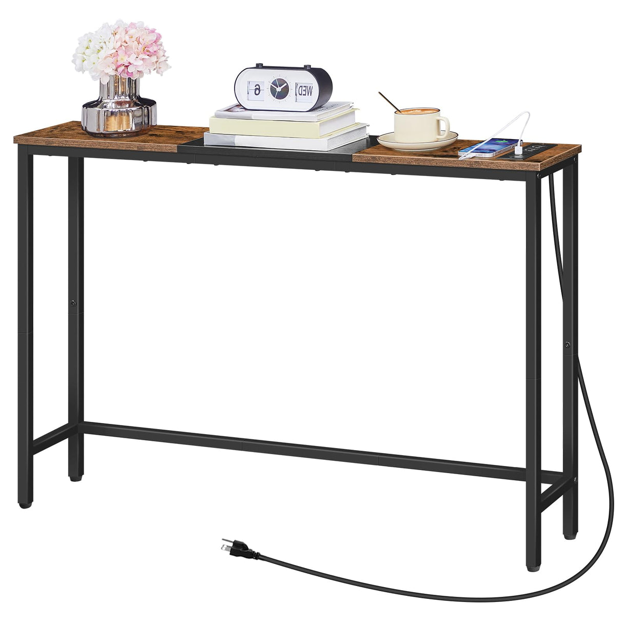 HOOBRO Narrow Console Table with Power Outlets, 44.9-Inch Sofa Table, Slim Behind Couch Table, Entryway Display Shelf, for Living Room, Foyer, Hallway, Rustic Brown and Black BF114UXG01 HOOBRO