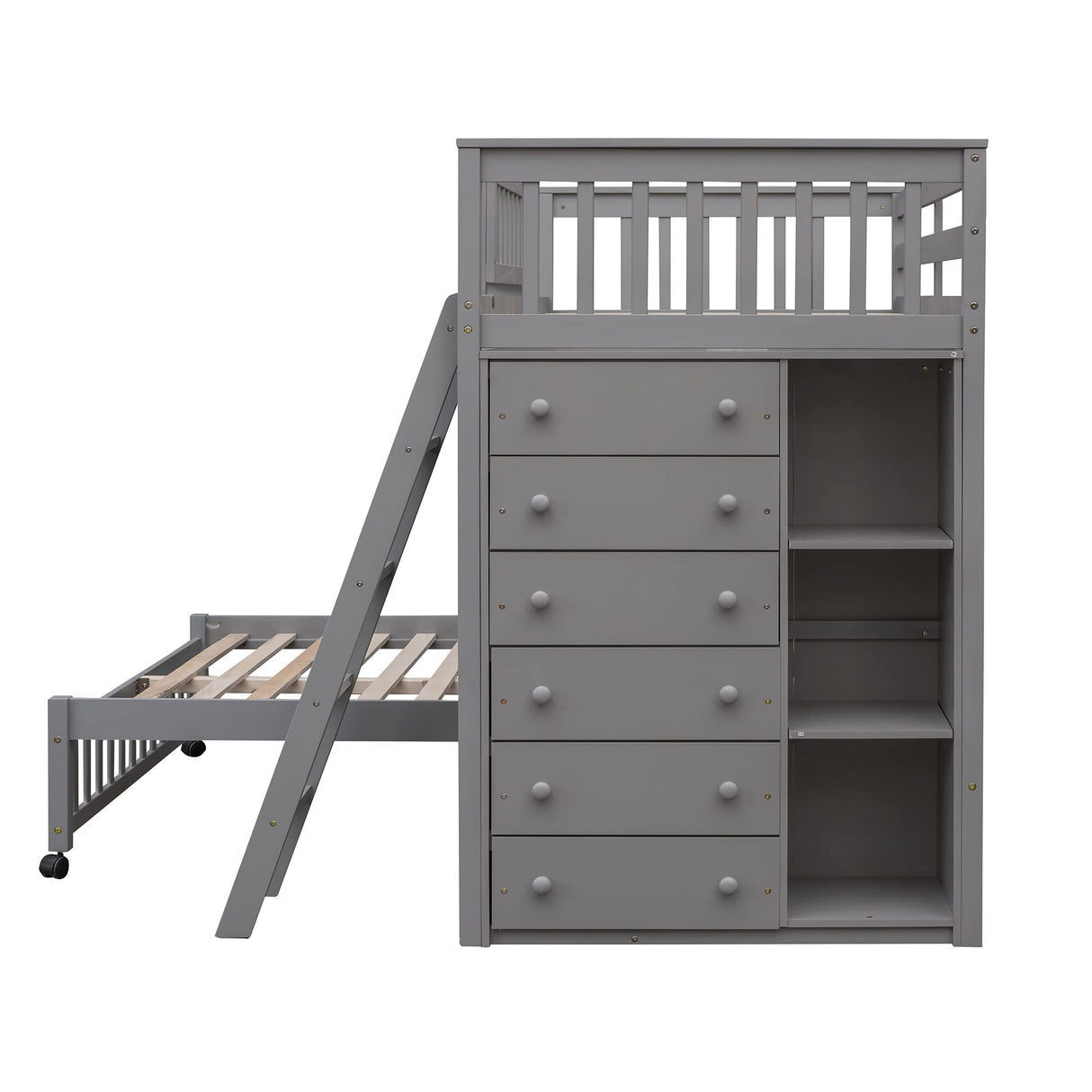 Harper & Bright Designs Twin Over Full Bunk Bed with Storage, Solid Wood Bunk Bed with 6 Drawers and 3 Flexible Shelves, Movable Bottom Bed with Wheels, for Kids Teens Adults (Gray) Harper & Bright Designs