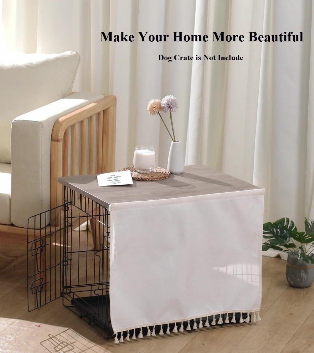VIE DE AMAN Dog Crate Topper Wood for 48 42 36 24 inch Cages, Dog Crate Table Topper with Tassel Curtain, Rustic Style Dog Kennel Topper, Oak Grey(Dog Crate Not Include) VIE DE AMAN