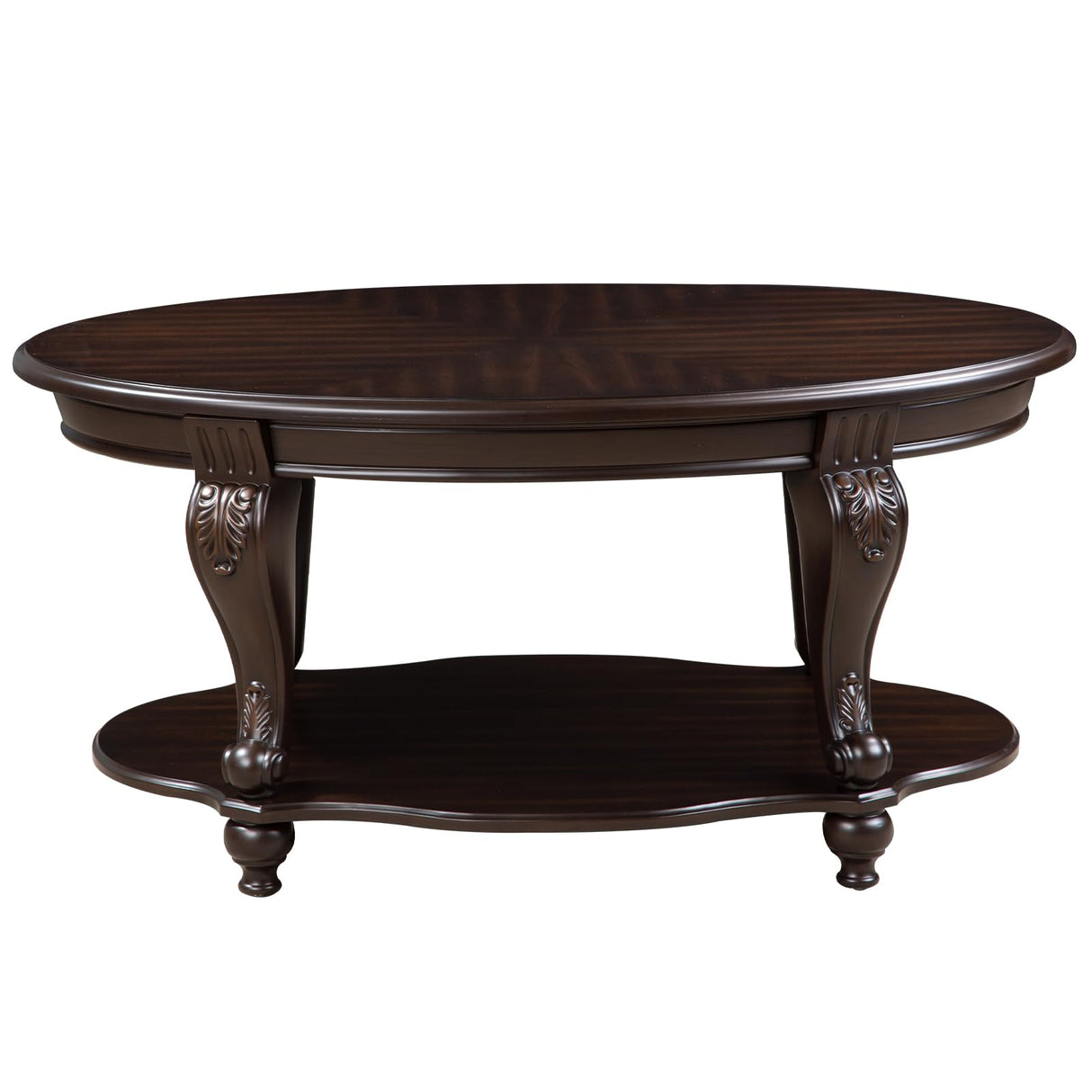 LKTART Oval Coffee Tables for Living Room, Wood Traditional Coffee Table with Elegant Carved Legs and Open Shelf, Vintage Farmhouse Tea Table, Easy Assembly,Espresso LKTART