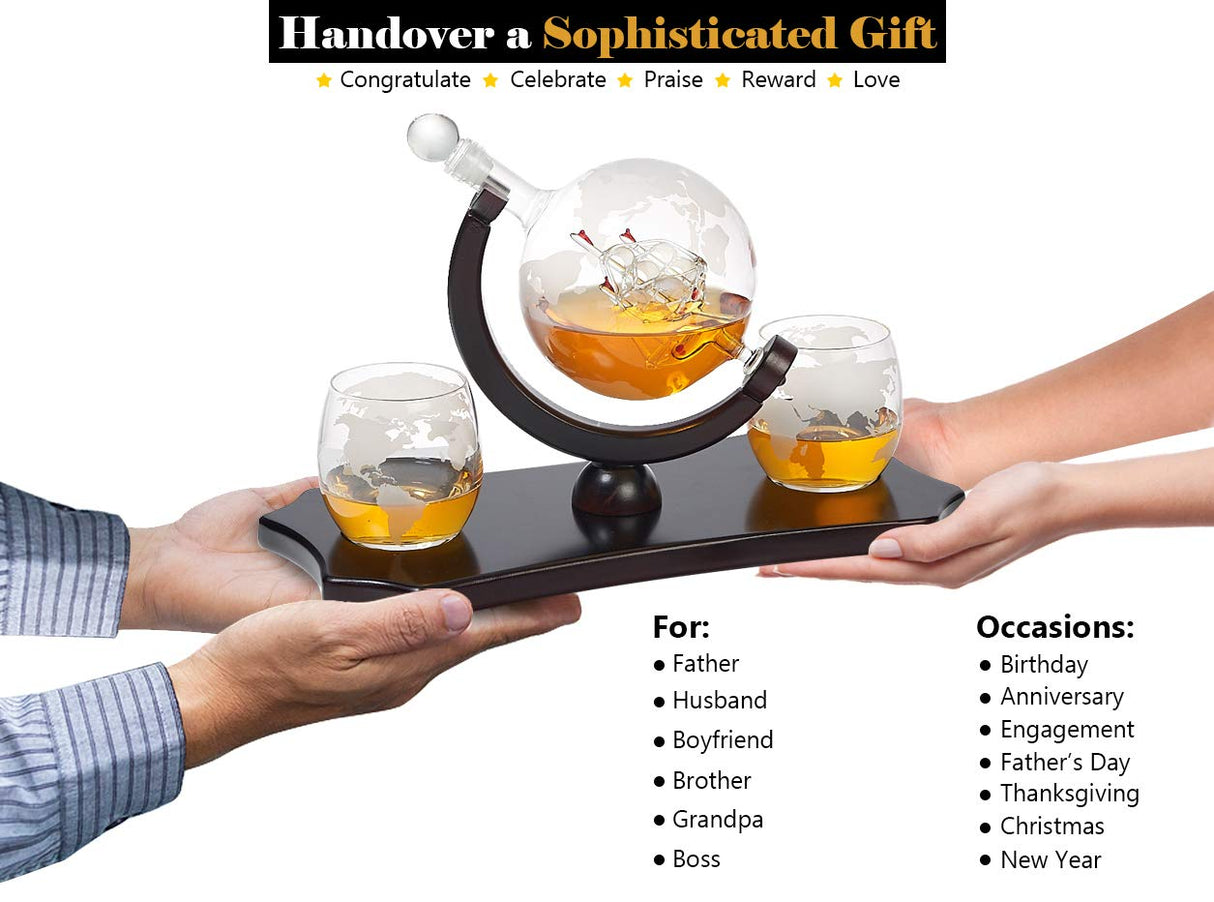 Globe Whiskey Decanter Set - + 2 Whisky Glasses on Rich Wood Classic Mahogany Base Tray - Gift Packaging - Antique Ship Whiskey Dispenser for Liquor Scotch Bourbon - Christmas Holiday Gift Bezrat