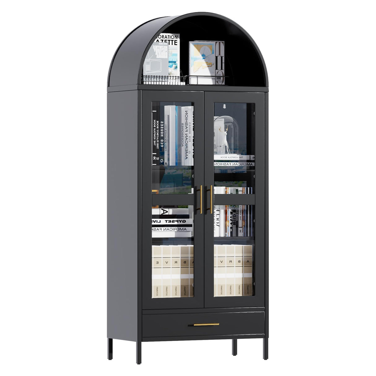 VEXPOR 73In Tall Metal Arched Cabinet, Arched Display Pantry Cabinet with Glass Door, Modern Farmhouse Bookcase with 1 Drawer and 2 Adjustable Shelves for Living Room, Black, Assembly Required VEXPOR