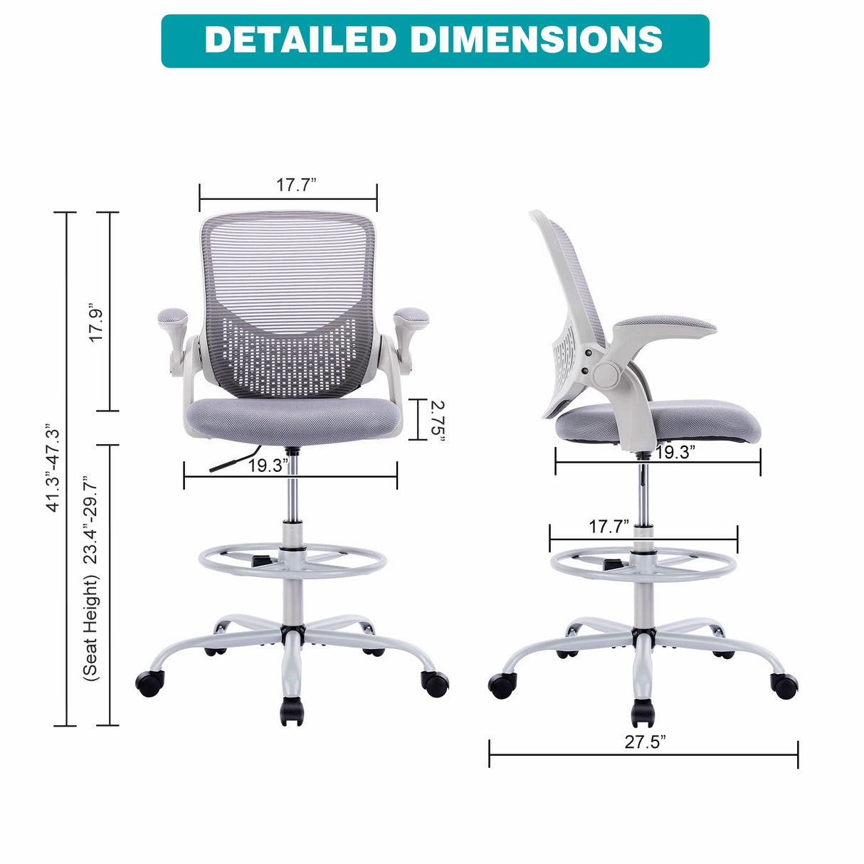 Tall Office Chair, Drafting Chair, Standing Desk Chair, High Adjustable Office Mesh Chair, Ergonomic Counter Height Computer Rolling Chair with Flip-up Armrests and Foot-Ring for Bar Height Desk edx