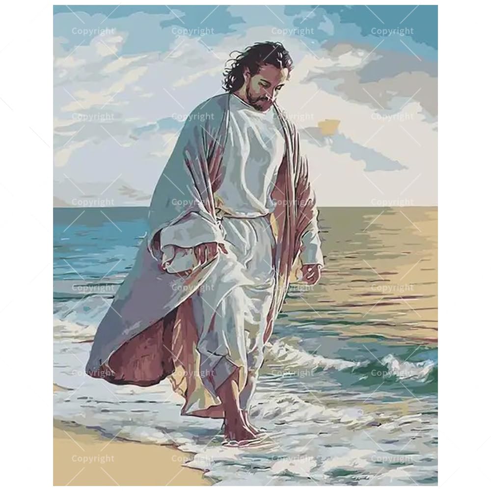 Religious Paint by Numbers Kit for Adults - DIY Jesus Walking by The Ocean Painting on Canvas 16x20 Inches, Acrylic Paint Set, Suitable for Beginners, Faith Art for Home Decoration or Gifts TAOPAOLAB