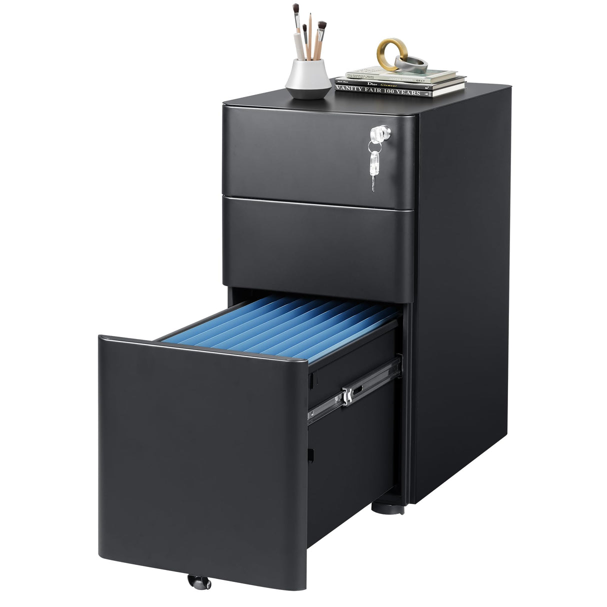 DEVAISE 3-Drawer Slim File Cabinet, Vertical Filing Cabinet, Fully Assembled Except Casters, Black DEVAISE