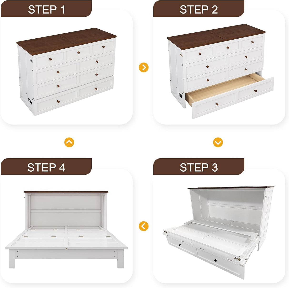 MERITLINE Solid Pine Queen Murphy Bed with Storage Drawer and Charging Station,Wood Folding White Murphy Chest Bed Cabinet for Adults MERITLINE