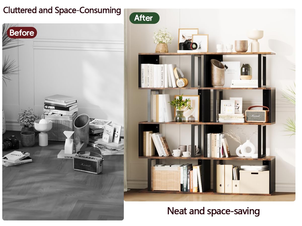 ALISENED 5 Tier Bookshelf, S Shaped Geometric Bookcase, Narrow Freestanding Display Shelves, Modern Wood Decorative Storage Rack for Bedroom, Living Room, Home Office, Black 5-Tier ALISENED