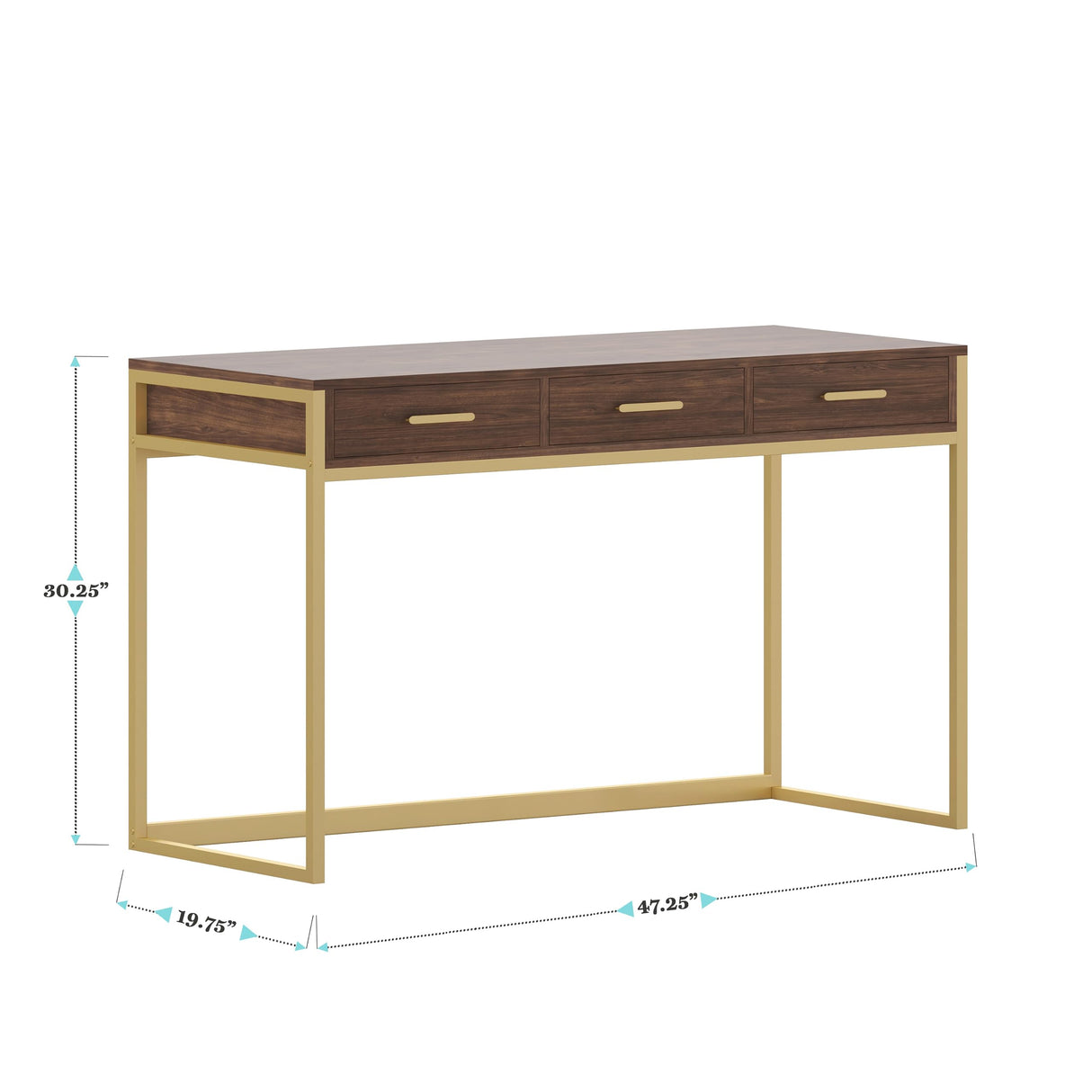 Martha Stewart Ollie Home Office Desk with 3 Drawers in Walnut Wood Grain with Polished Brass Hardware Martha Stewart