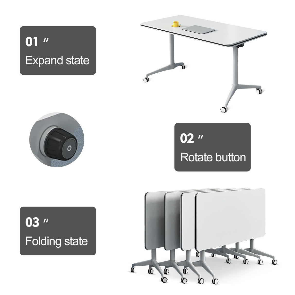 Folding Conference Table 2-10 People,Mobile Conference Room Table Rolling Meeting Table with Caster Wheels,Modern Executive Desk、Podcast Table、Extra Wide Desk、Flip Top Table (4, White, 140cm) rzoizwko