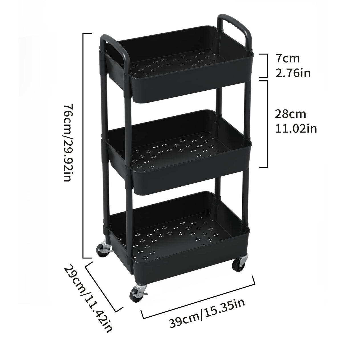 Sywhitta 3-Tier Plastic Rolling Utility Cart with Handle, Multi-Functional Storage Trolley for Office, Living Room, Kitchen, Movable Storage Organizer with Wheels, Black Sywhitta