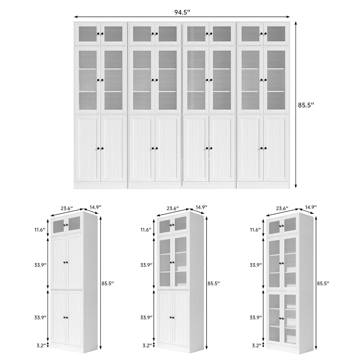 VOWNER 85.5" Tall Bookshelf Single Pack - Half Glass Door Design, White 7 Tier Book Shelf, Curio Cabinets with Storage, DIY Large Bookcase for Living Room, Office VOWNER