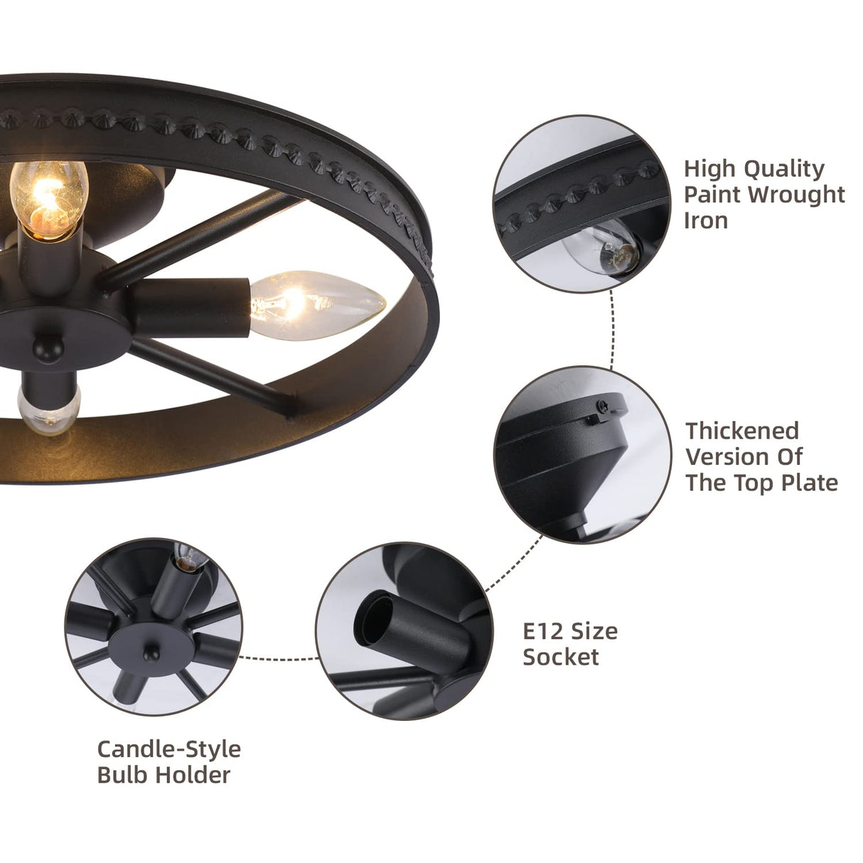 KJLARS Ceiling Light Fixture Flush Mount Ceiling Lamp Black Farmhouse Chandelier Industrial Rustic Light fixtures Pendant Lighting 4-Light E12 Kitchen Lighting KJLARS