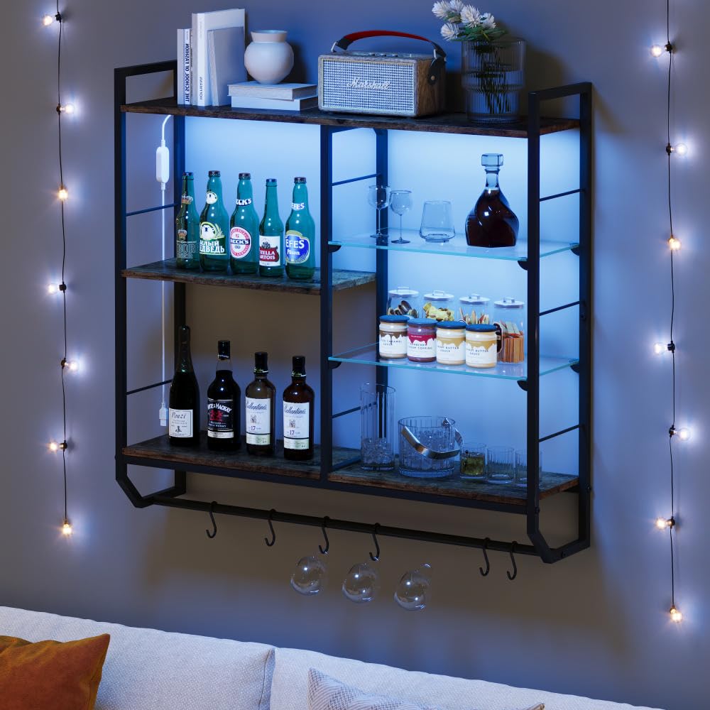 EYCOAL Gaming Floating Shelves, Wall Mounted Wooden Decor Display Shelf with 34" LED Lights and Adjustable Glass Bar Wine Shelf, Extra Hanging Hooks Storage for Gaming Room and Living Room EYOCAL