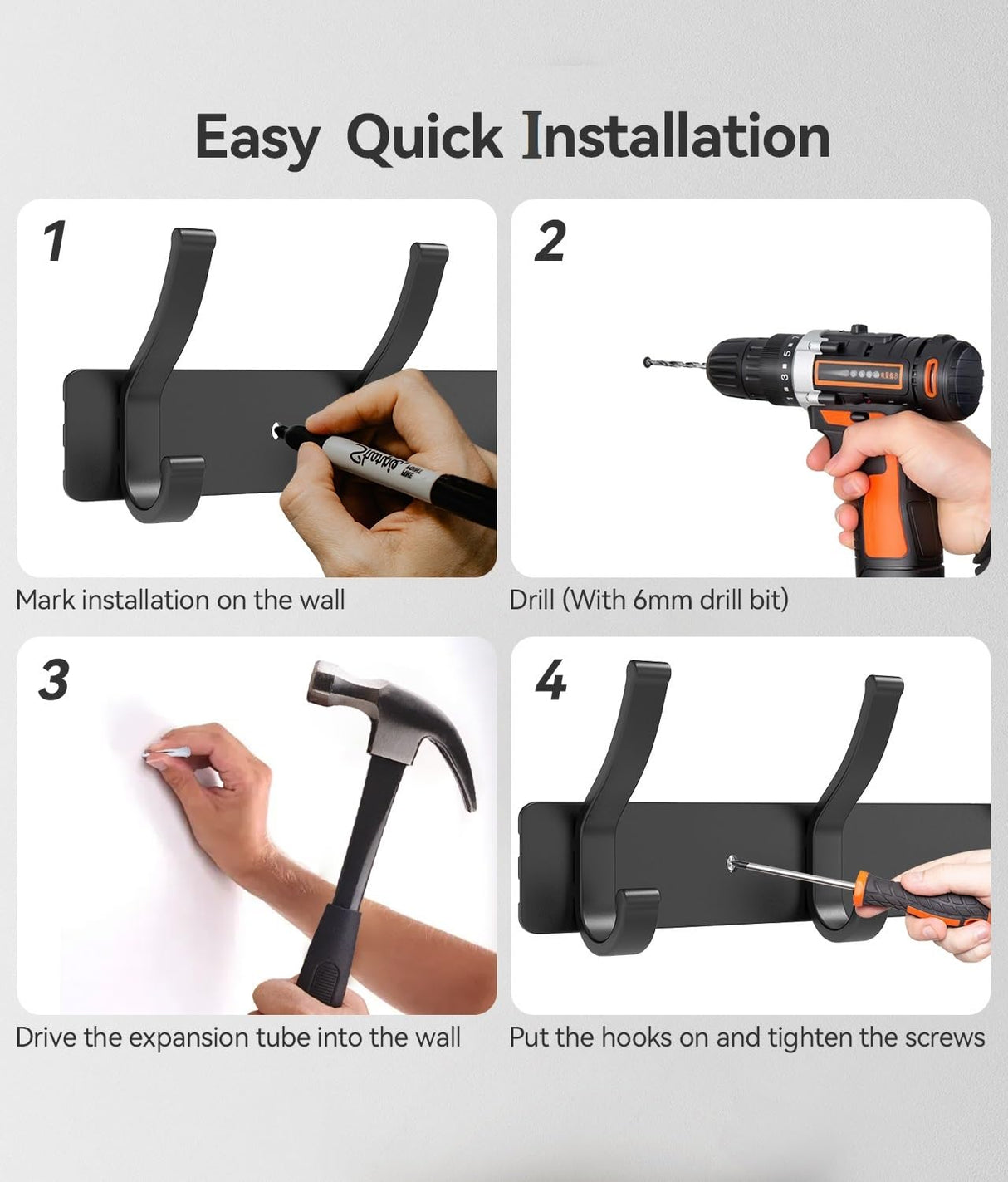 Infixtree 2 Pack Coat Rack Wall Mount, All Metal Wall Hooks for Hanging, Wall Hat Rack with 6 Dual Hooks, Black Coat Hooks for Hat Towel Purse Backpack Baseball Cap Infixtree