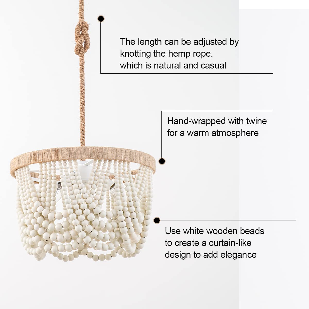 VILUXY Bohemia Wood Beaded Pendant Lights Antique Rustic Mini Chandelier White Finishing for Bedroom, Nursery Room, Girl Room, Hallway, Entryway, Passway, Dining Room, 3-Light VILUXY