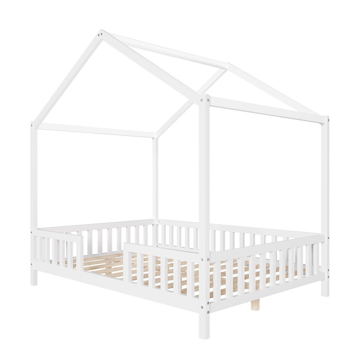 Merax House Shape Full Size Montessori House Bed Wood Floor Bed with Canopy Full Bedframe for Kids No Box Spring Needed White Merax